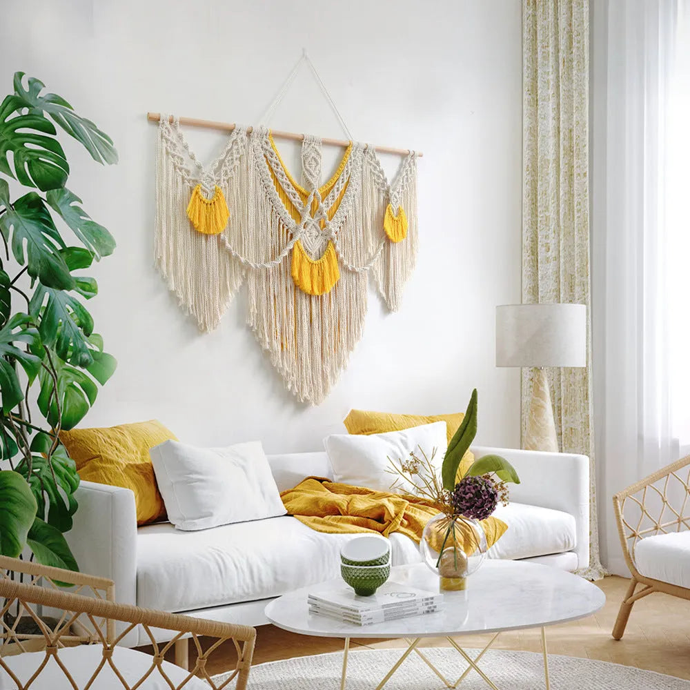 Nordic style cotton woven tapestry rectangle wall hanging 120x95cm creamy-white with yellow accents