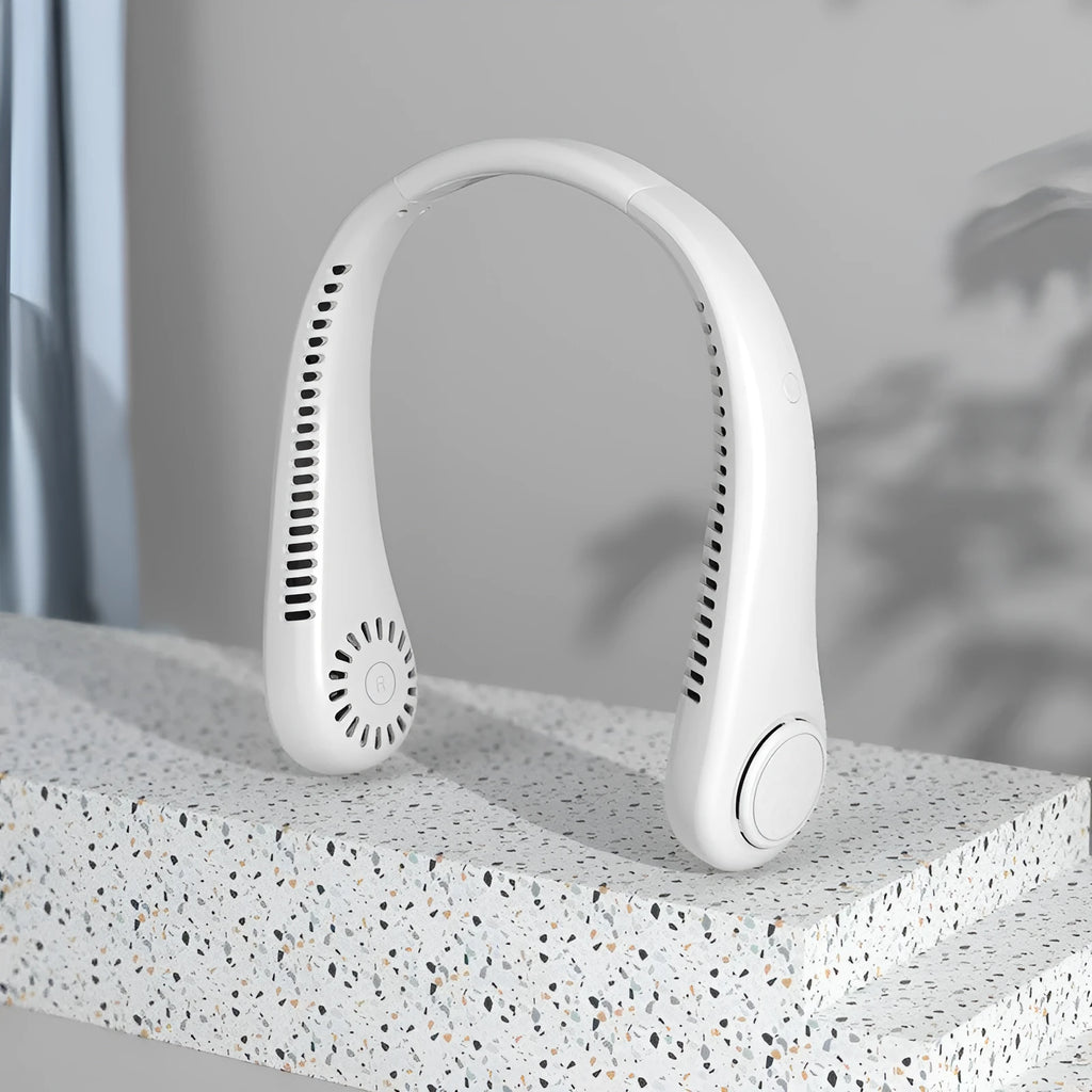 White USB charging bladeless neck fan with adjustable wind speed settings