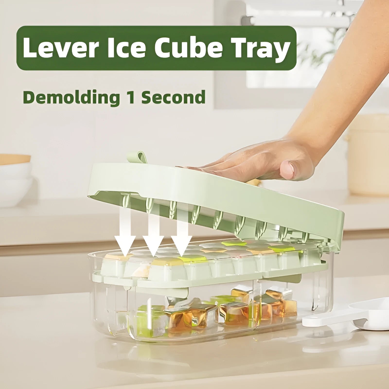 Blue high capacity ice cube tray with integrated storage for an ice shovel, showing the grid layout.