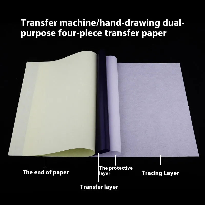 Pack of A4 quadruple copy tattoo transfer paper sheets and transfer paste gel for stencil creation.