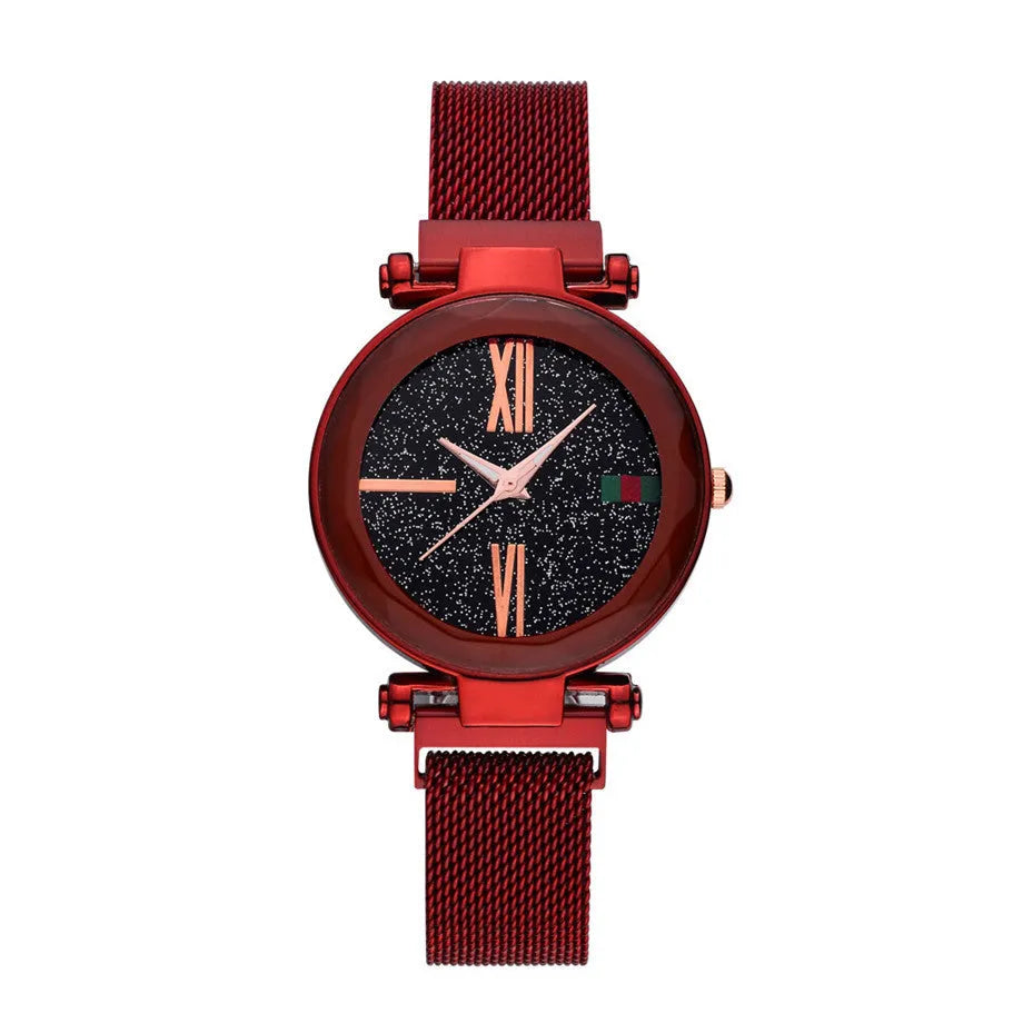 Women's magnet watch band dress watch in six colour options showing round 32mm dial and stainless steel strap.