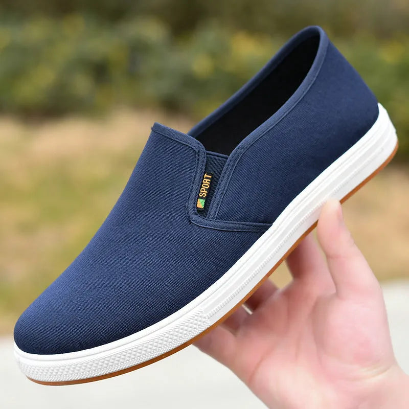 Men's black and blue canvas slip-on cloth shoes with round toe and shallow mouth design