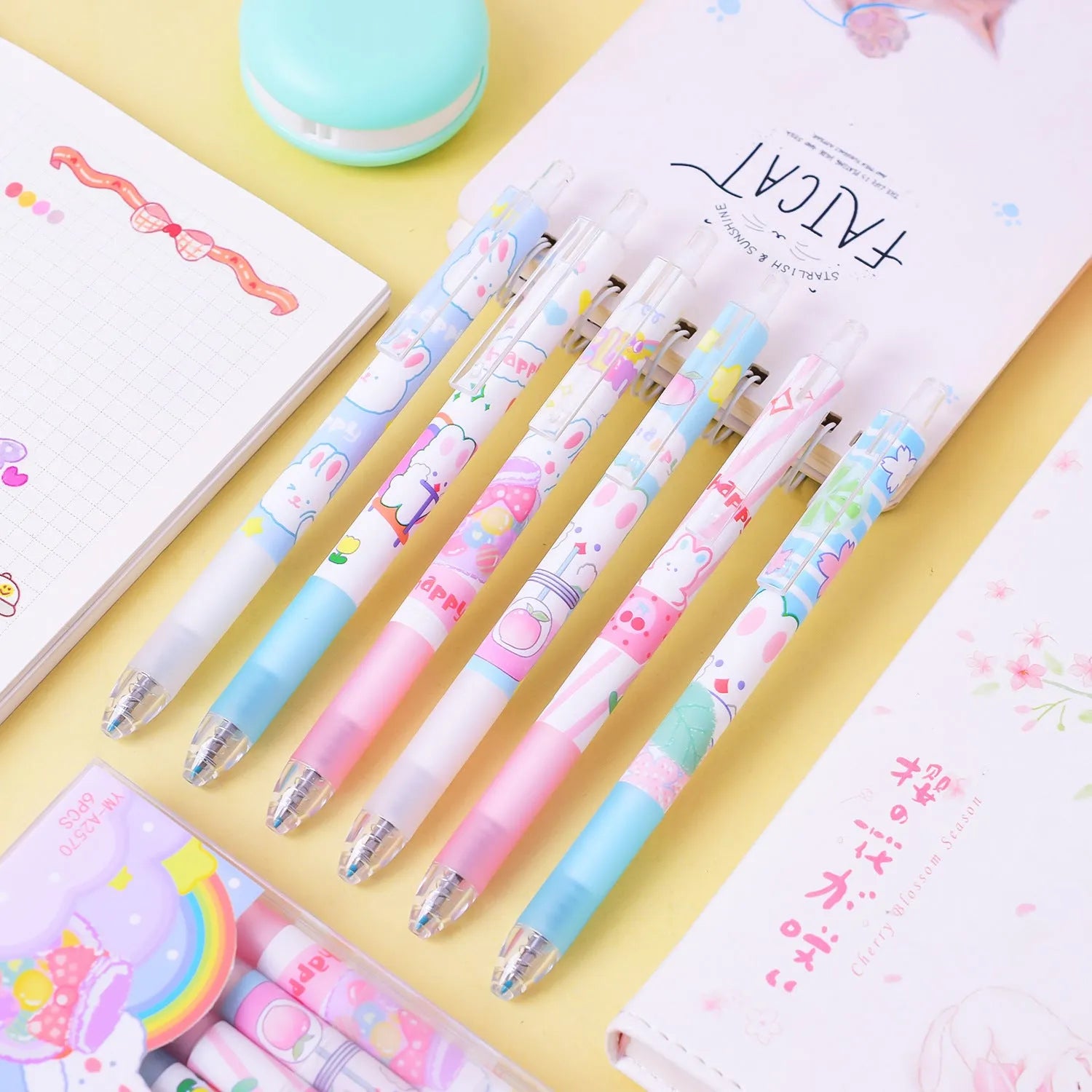 Six cartoon bunny design gel pens with 0.5mm tips and black ink displayed together