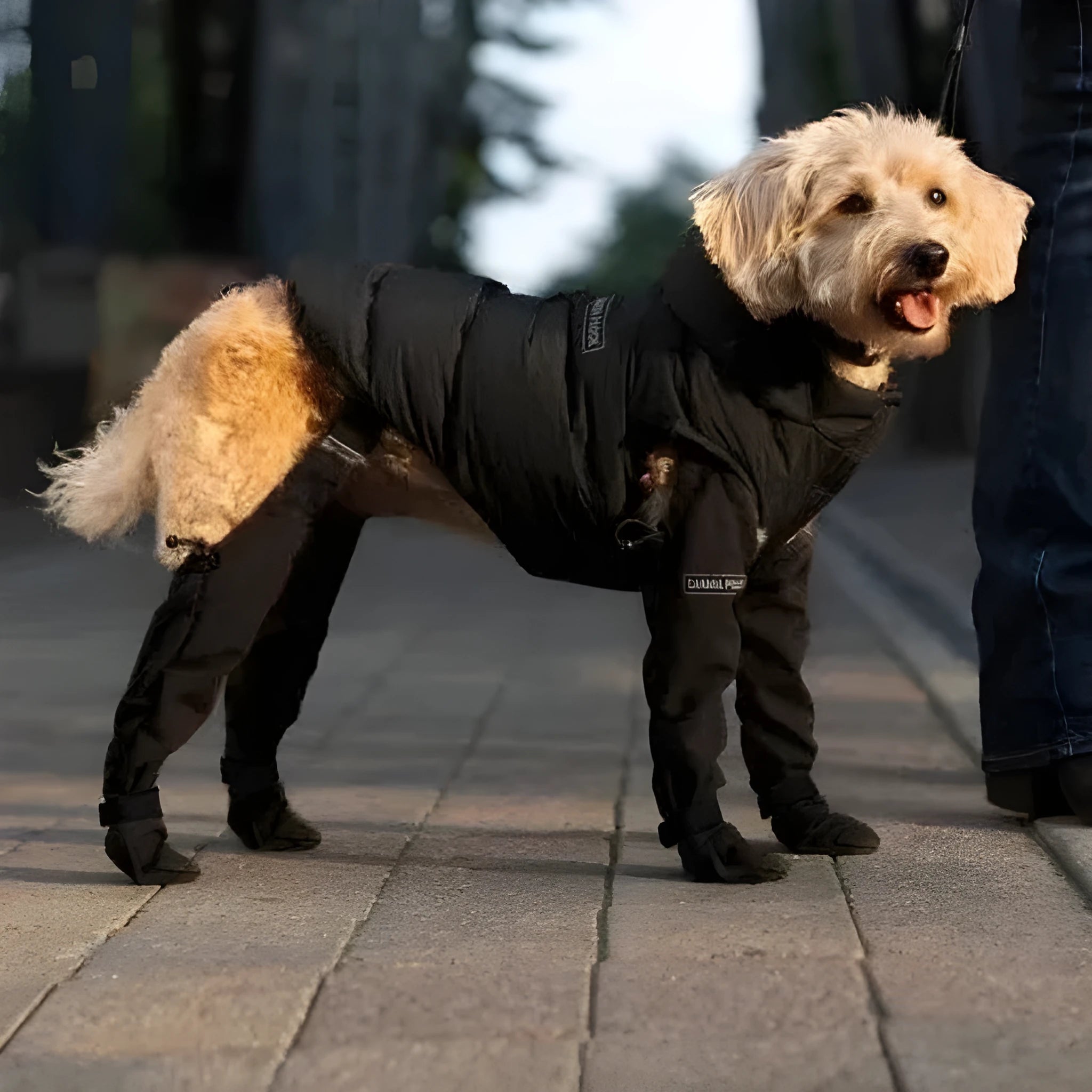 Black waterproof dog shoes with strap closure and non-slip soles for paw protection
