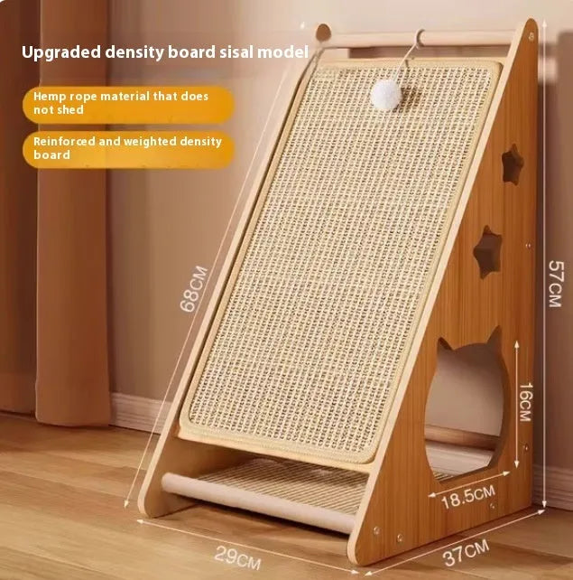 Vertical wall-mounted cat scratching board with sisal rope and hemp wrapping with amusing ball design