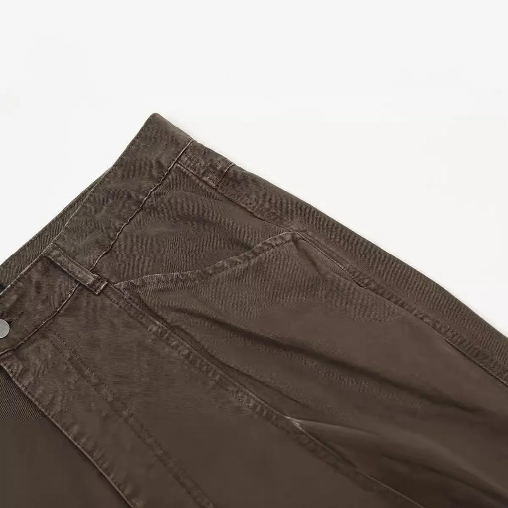Men's brown straight-leg cotton trousers with loose fit and high-waist design