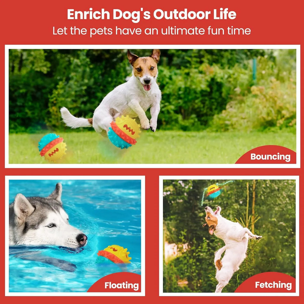 Blue and red squeaky dog chew ball with treat hole and textured surface
