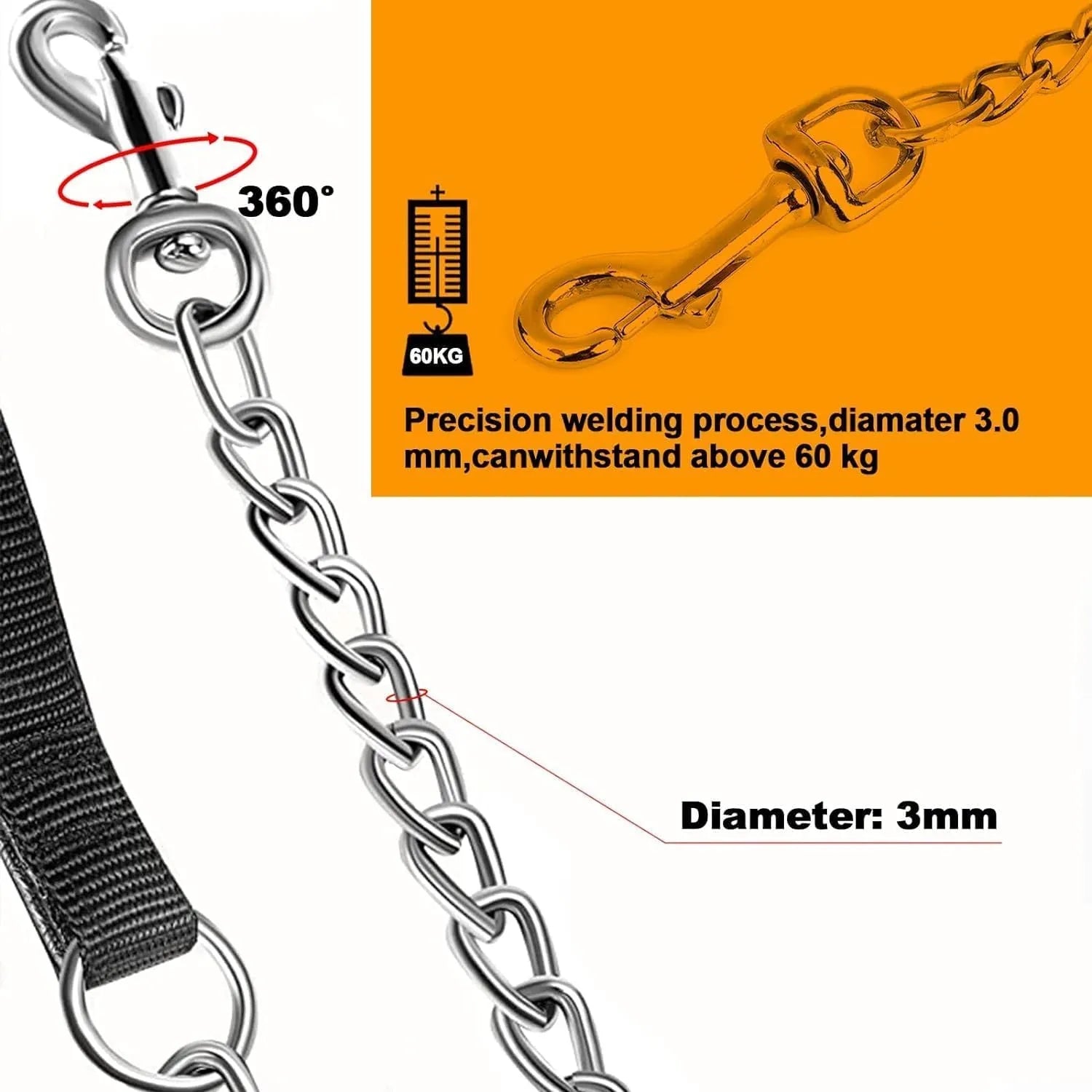 Heavy-duty black metal chain dog leash with a soft blue padded handle, shown attached to a dog collar.