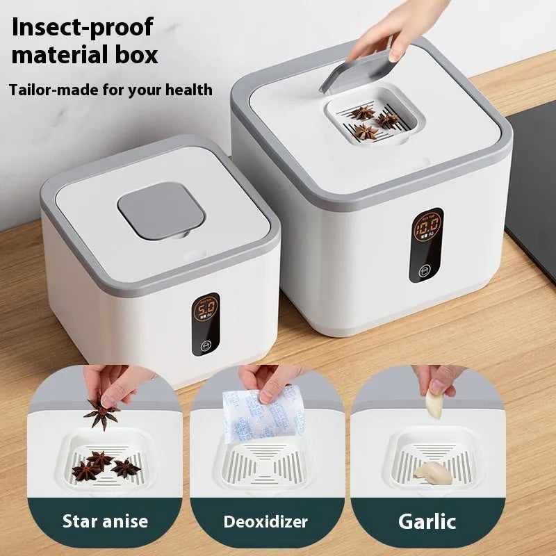 Grey plastic household rice storage jar with a measuring cup, shown in 10kg, 20kg, and 30kg size options.