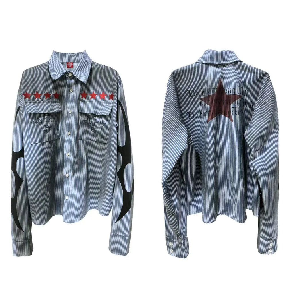 Men's washed denim blue striped long sleeve casual shirt with lapel collar on a hanger.