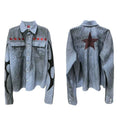 Men's washed denim blue striped long sleeve casual shirt with lapel collar on a hanger.