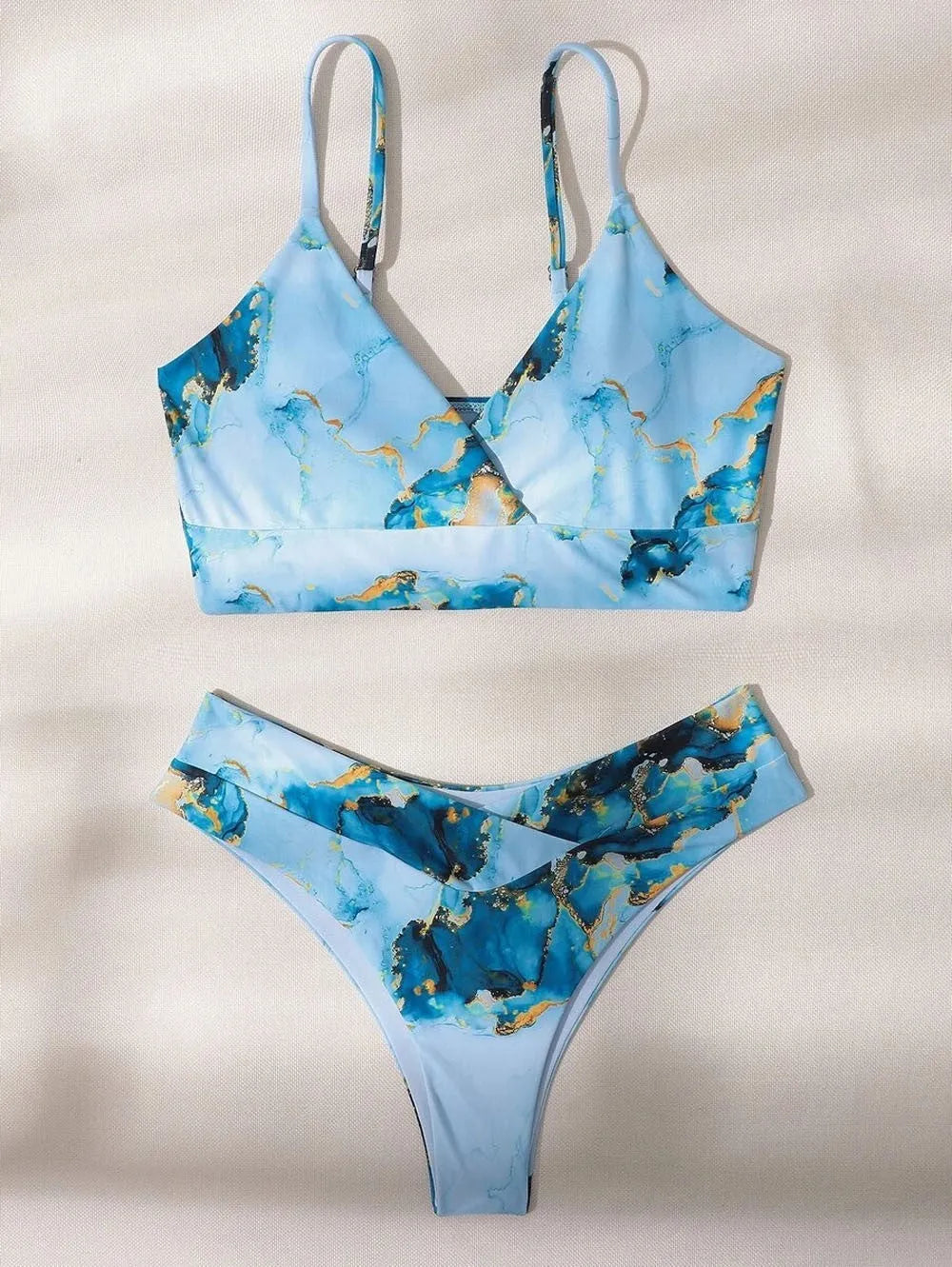 Women's high-waist bikini with marble tie-dye print and U-neck top