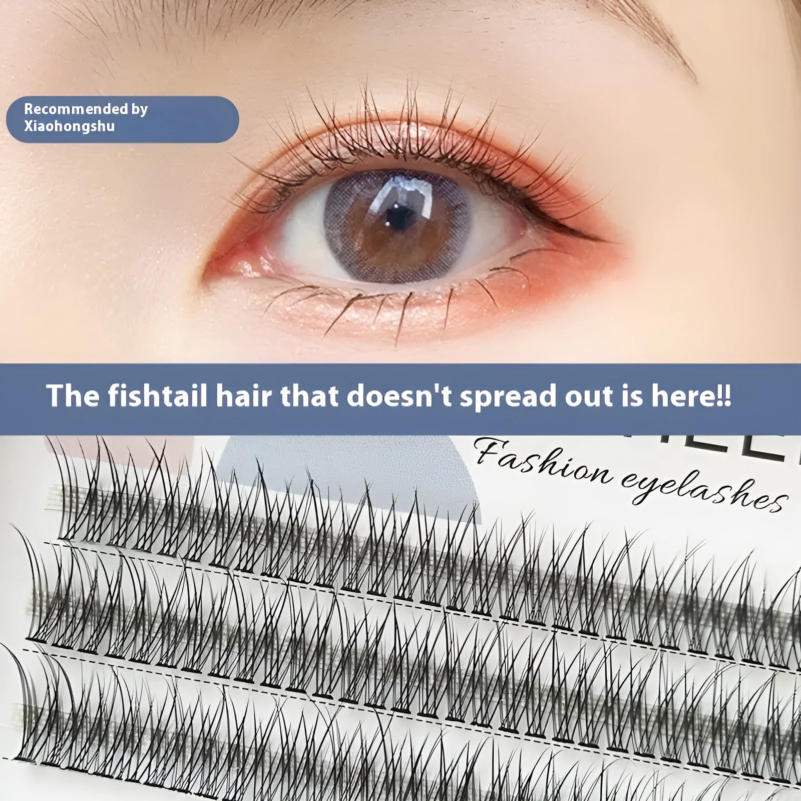 Black V-shaped fairy fishtail false eyelashes showing segmented design in natural long style