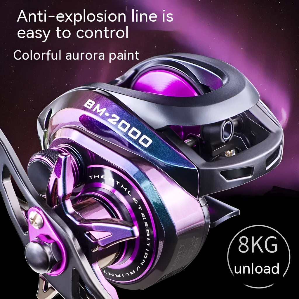 BM2000 model fishing reel with magnetic brake system shown in left-hand and right-hand versions.