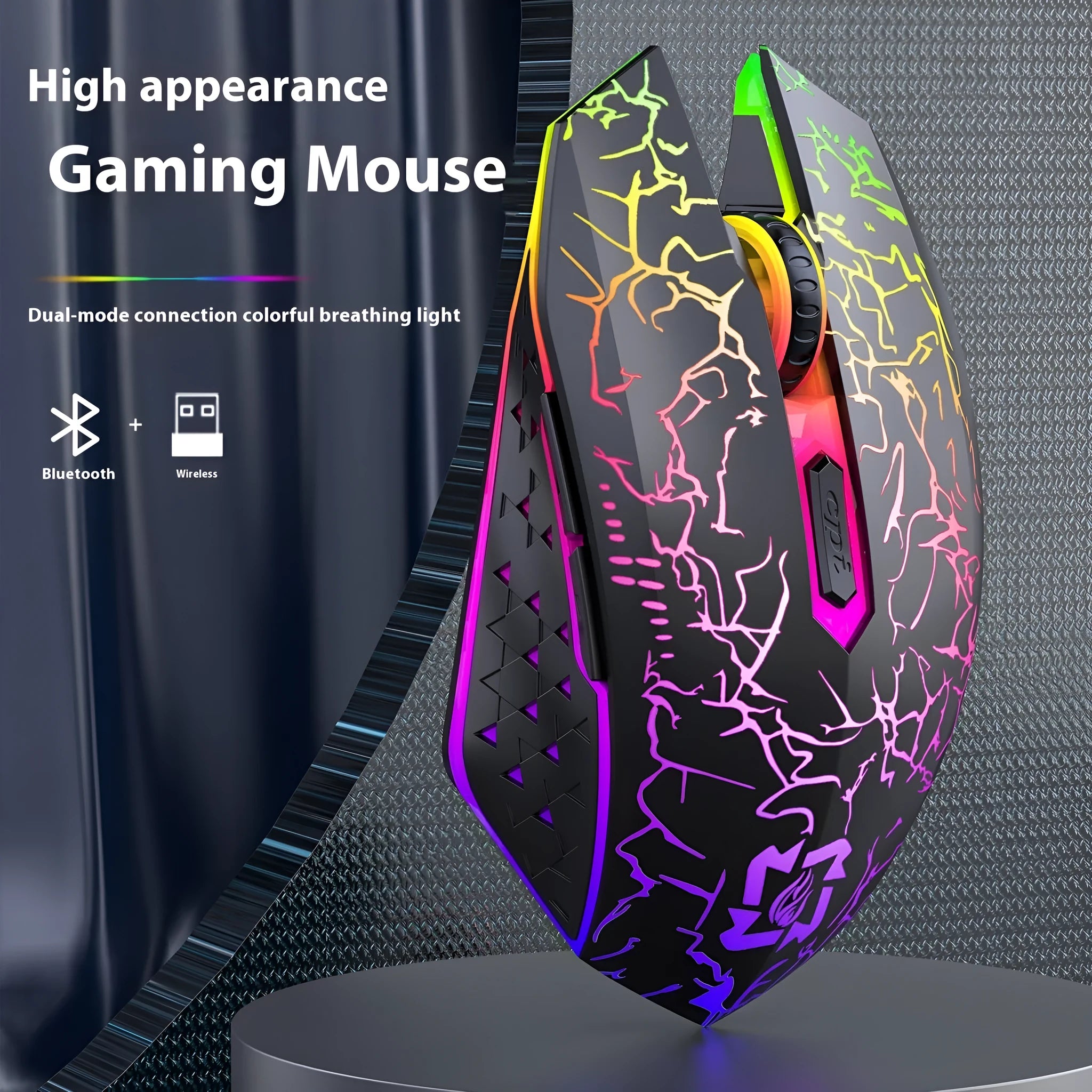 Black and white dual-mode wireless gaming mouse with luminous breathing lights and charging cable