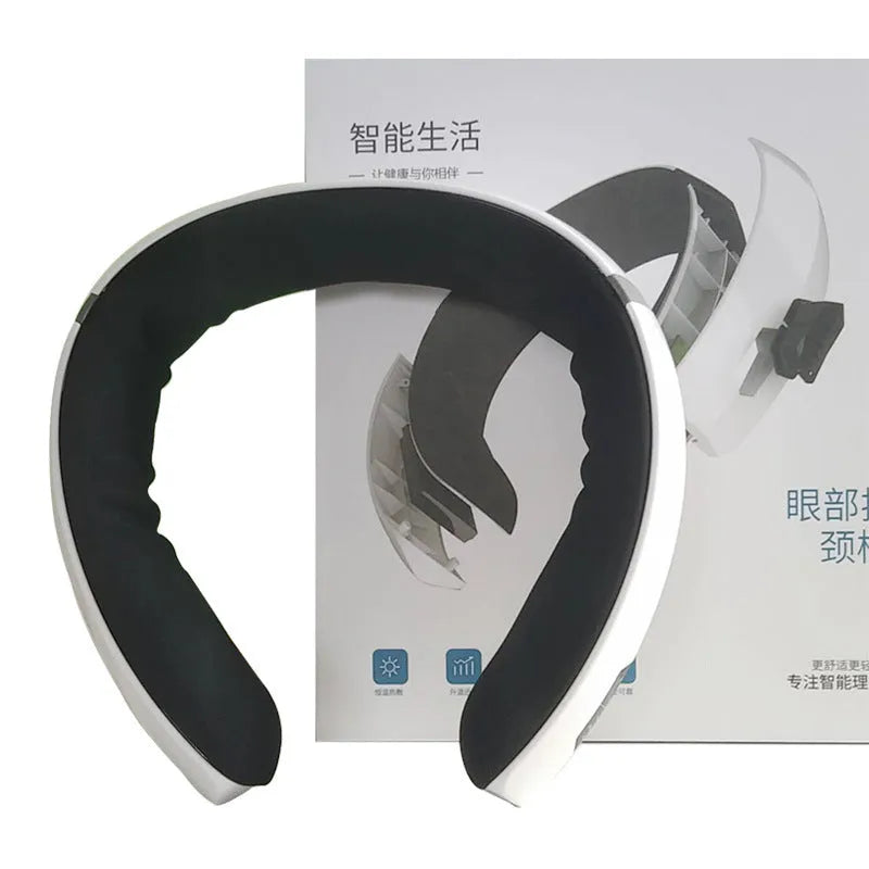 White eye and cervical spine massager with suede material and USB cable, featuring hot compress and vibration functions