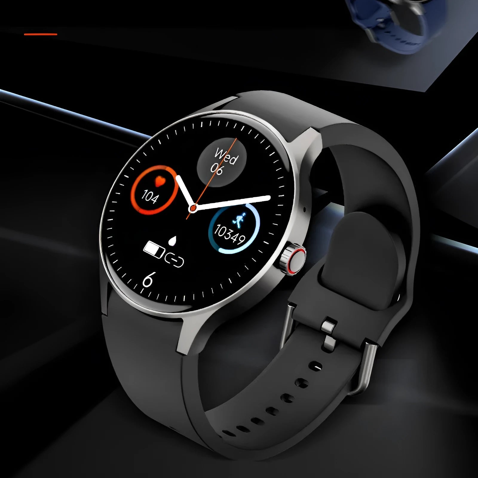 Smart watch with AMOLED display showing health metrics on black Milan steel strap