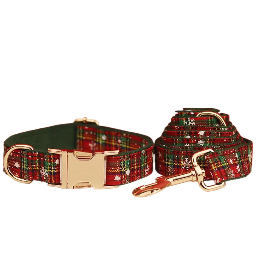Green background snowflake Christmas pet collar set with dog leash bow and vest in cloth material