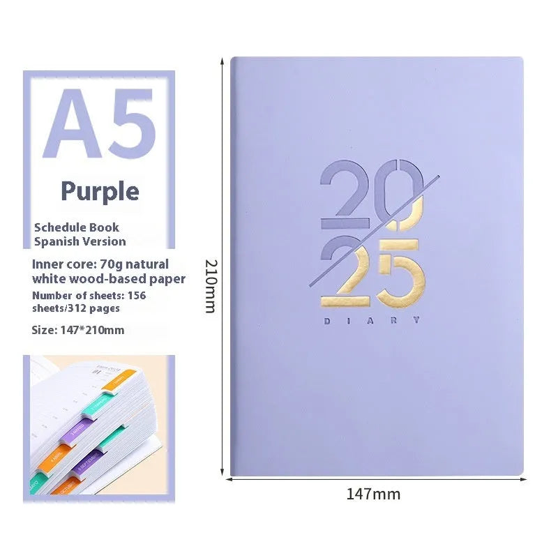 Soft cover A5 daily planner schedule book in blue, showing lay-flat binding and faux leather texture.