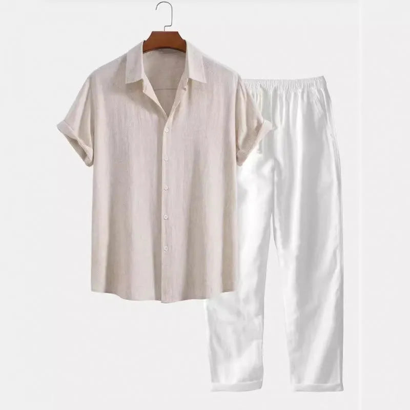 Men's loose fit casual suit with short sleeve shirt and trousers in linen-look polyester fabric