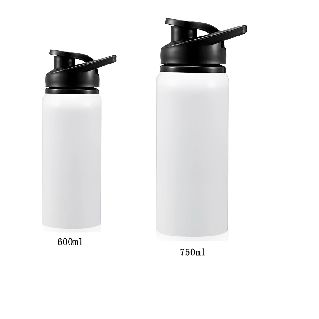 White aluminium sports water bottle for cycling with 600ml and 750ml capacity options.