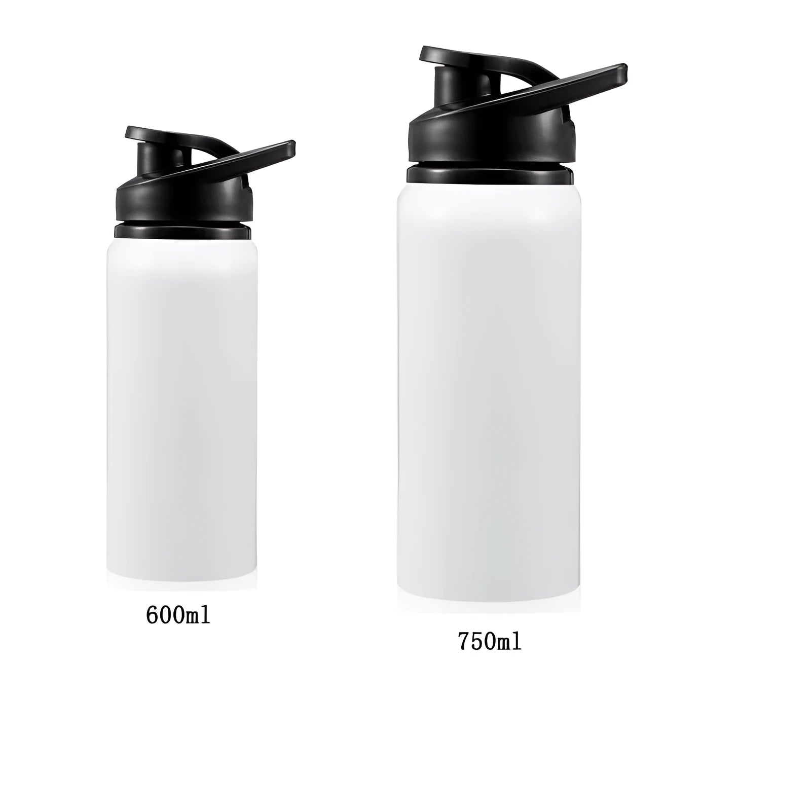 White aluminium sports water bottle for cycling with 600ml and 750ml capacity options.