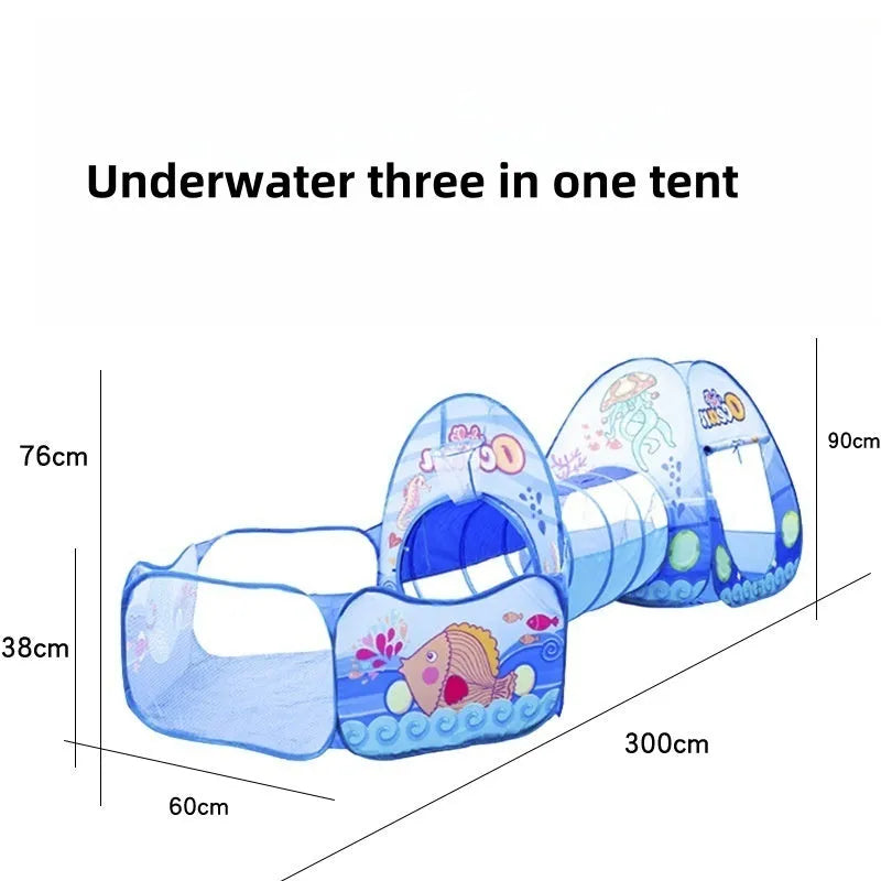 Three-in-one children's cloth tent set with ball pool and tunnel in cartoon submarine theme