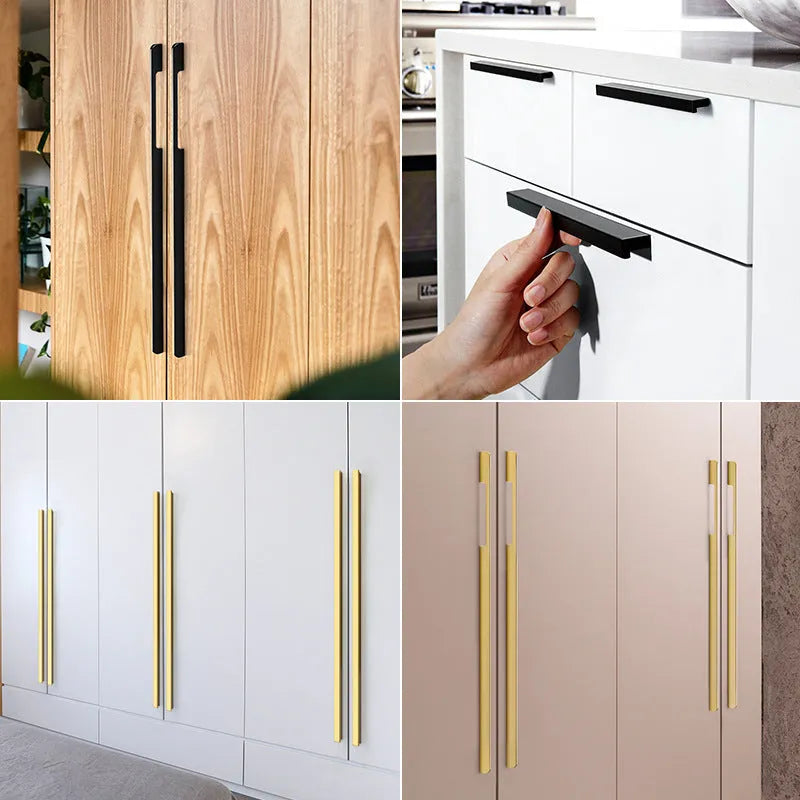 Gold aluminium alloy T-shaped open cover cabinet drawer pull handle for single-hole mounting.