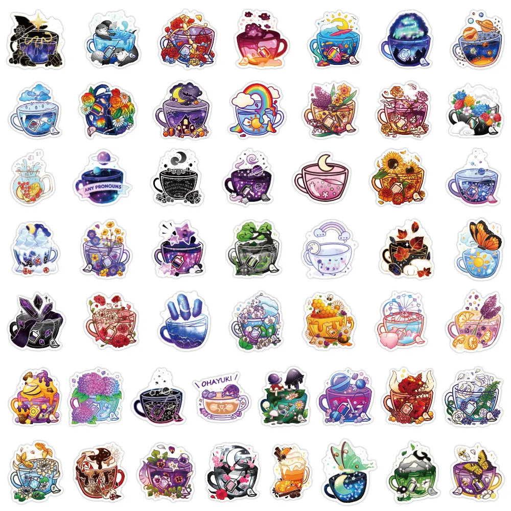 Colourful tea cup graffiti design waterproof vinyl stickers pack of 50 for DIY customisation