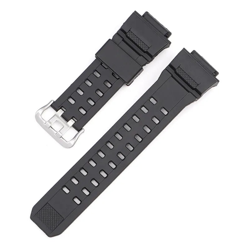 Camouflage patterned TPU watch strap with silver buckle, shown alongside other colour variants including frosted and matte finishes.