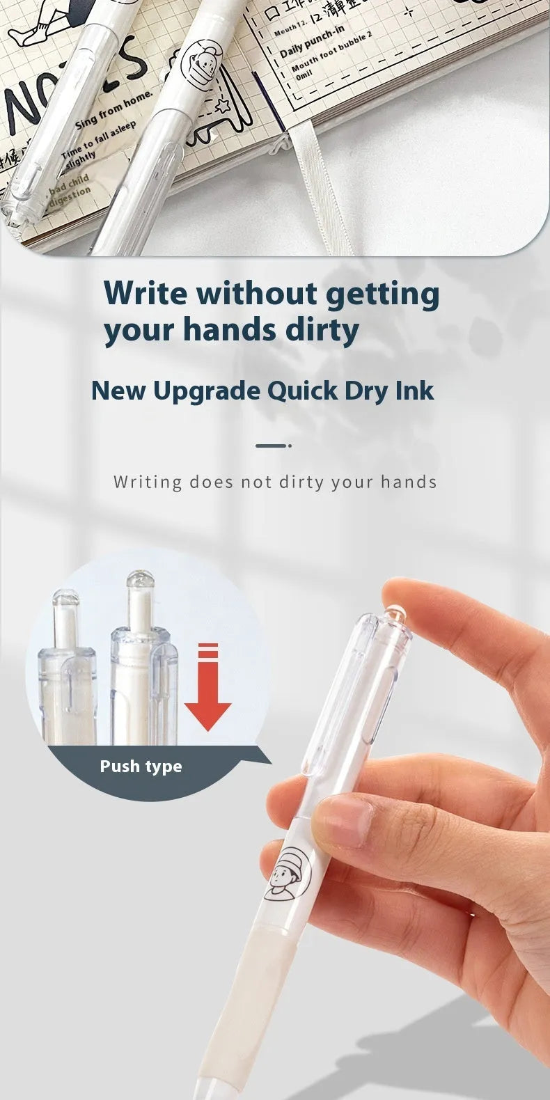 Five plastic ballpoint pens with 0.5mm tips and black ink for student writing