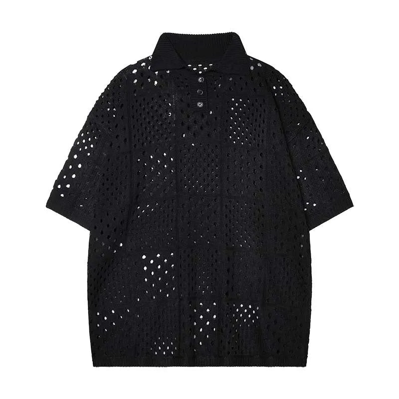 Teenager wearing black hollow knit polo shirt with loose cardigan style and short sleeves