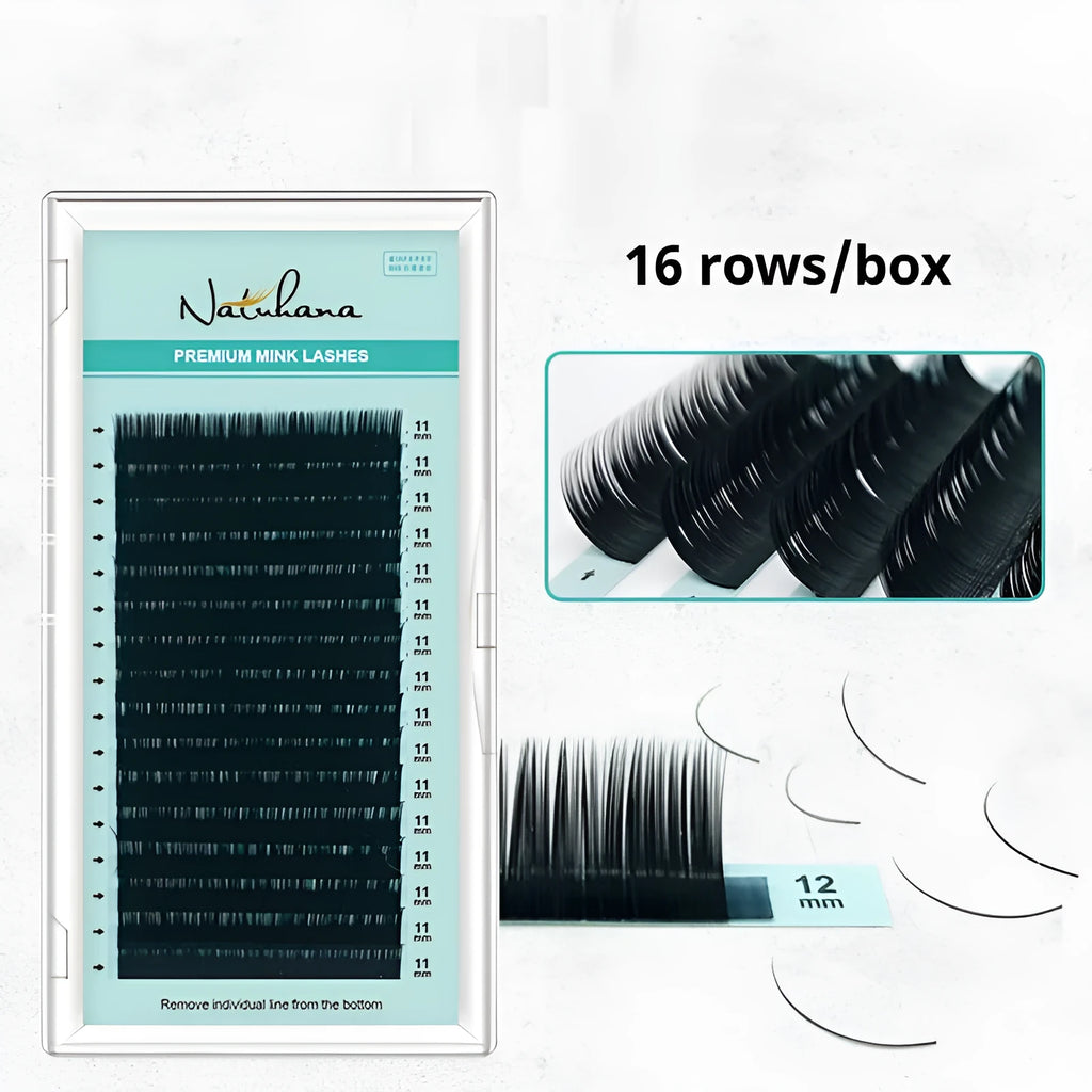 A pair of women's false eyelashes with soft velvet texture, showing length options from 7mm to 15mm.