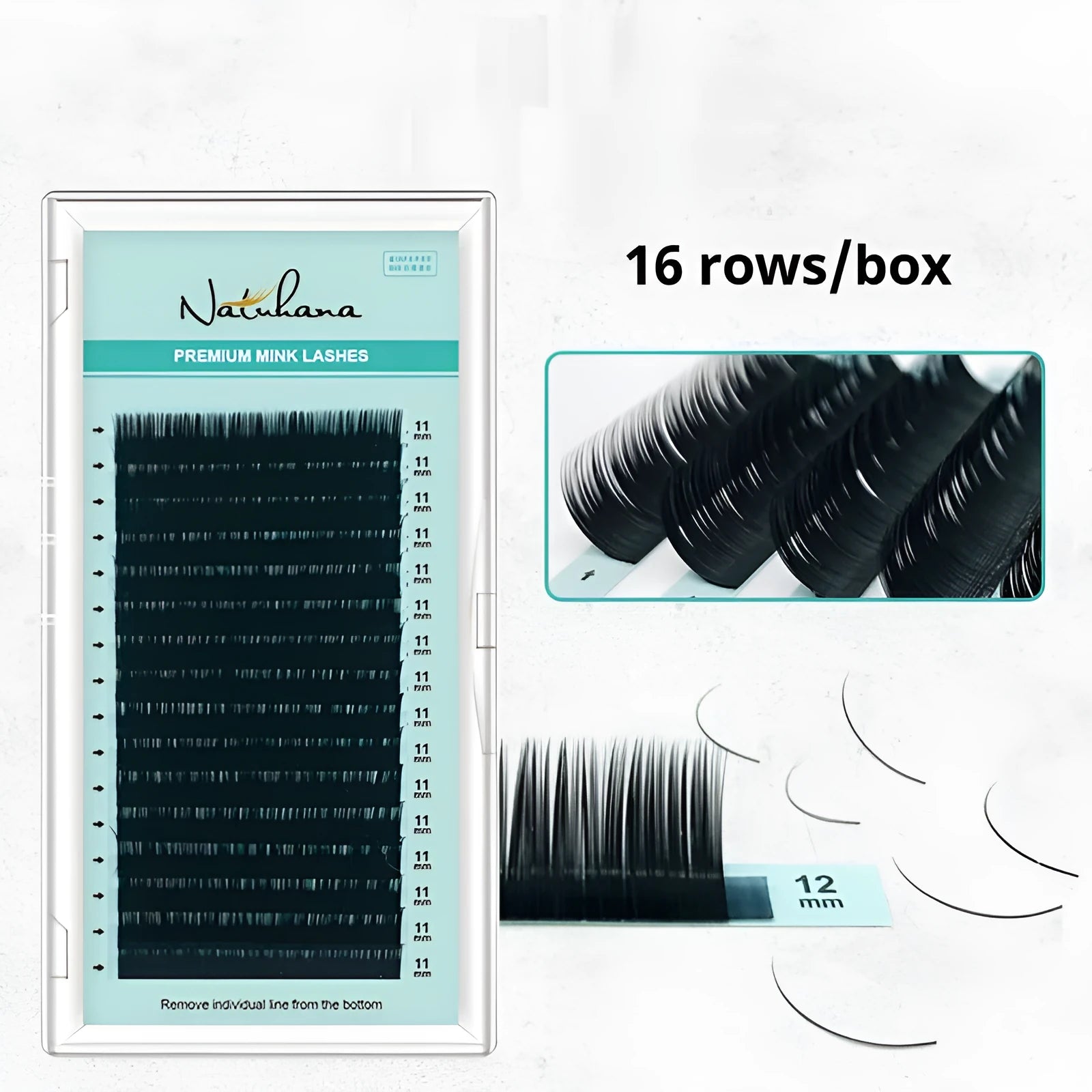 A pair of women's false eyelashes with soft velvet texture, showing length options from 7mm to 15mm.