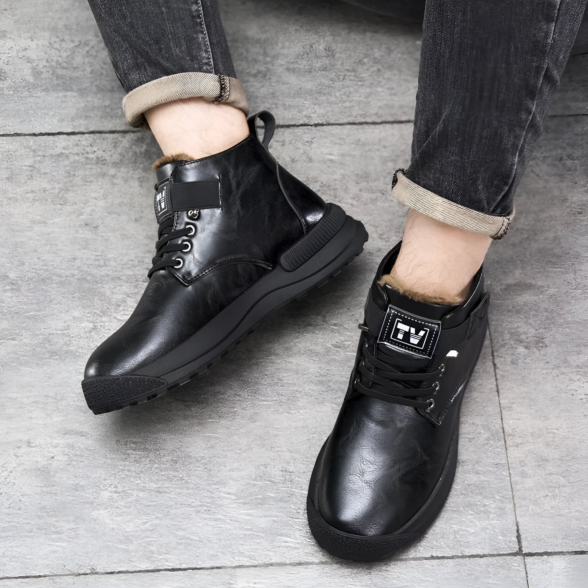 Black Martin high-top platform boots with artificial PU upper and rubber sole on a white background
