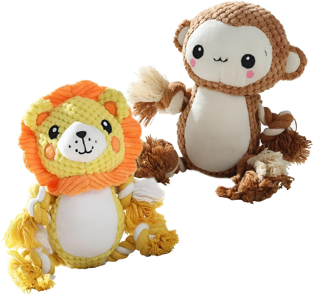 Two plush squeaky dog toys: yellow lion design and brown monkey design with internal squeakers