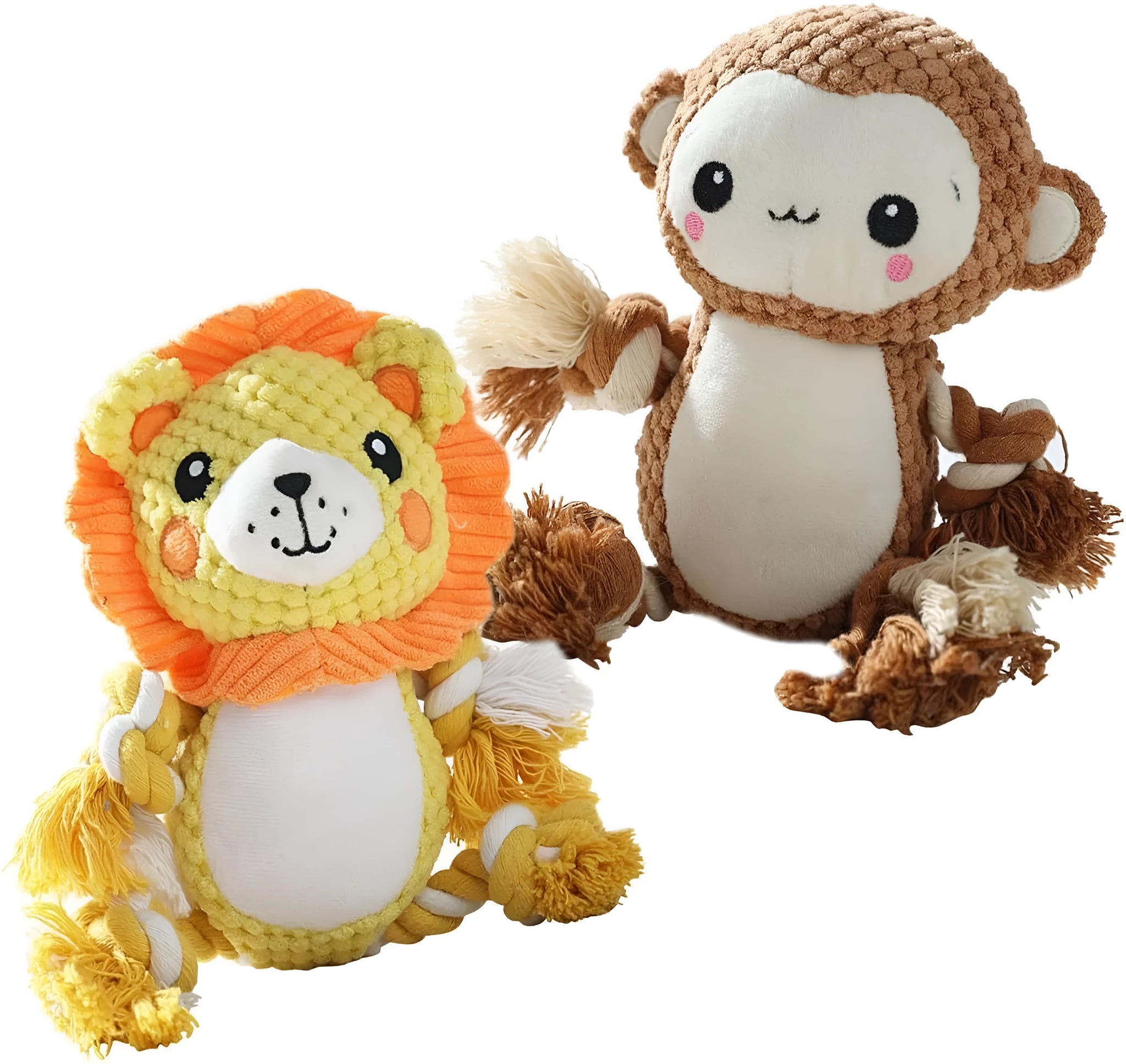 Two plush squeaky dog toys: yellow lion design and brown monkey design with internal squeakers