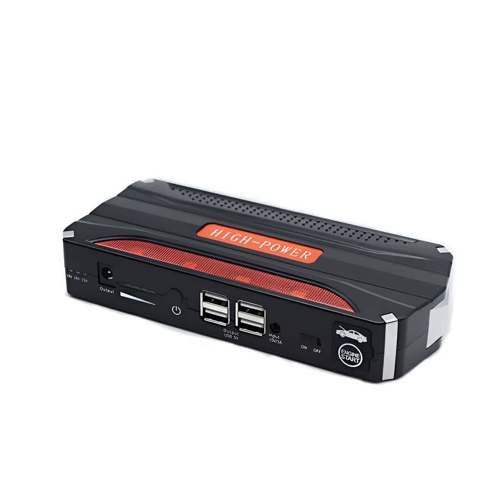 Black and red vehicle emergency jump starter power supply with 7800mAh battery capacity