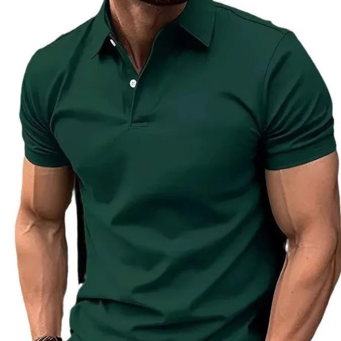 Men's slim fit short sleeve button shirt in a solid colour, showing front button placket and collar.