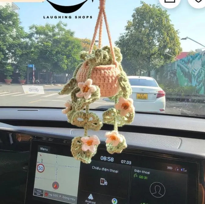 Green and white knitted wool succulent car ornament with 8cm base and hanging cord