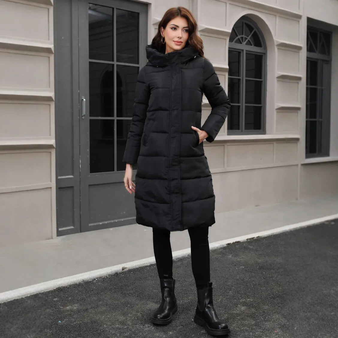 Black slim fit hooded long cotton jacket with cold-resistant construction and regular sleeves
