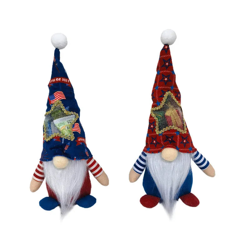 Two faceless baby doll Christmas ornaments with Rudolf and candy bag designs on polyester cloth