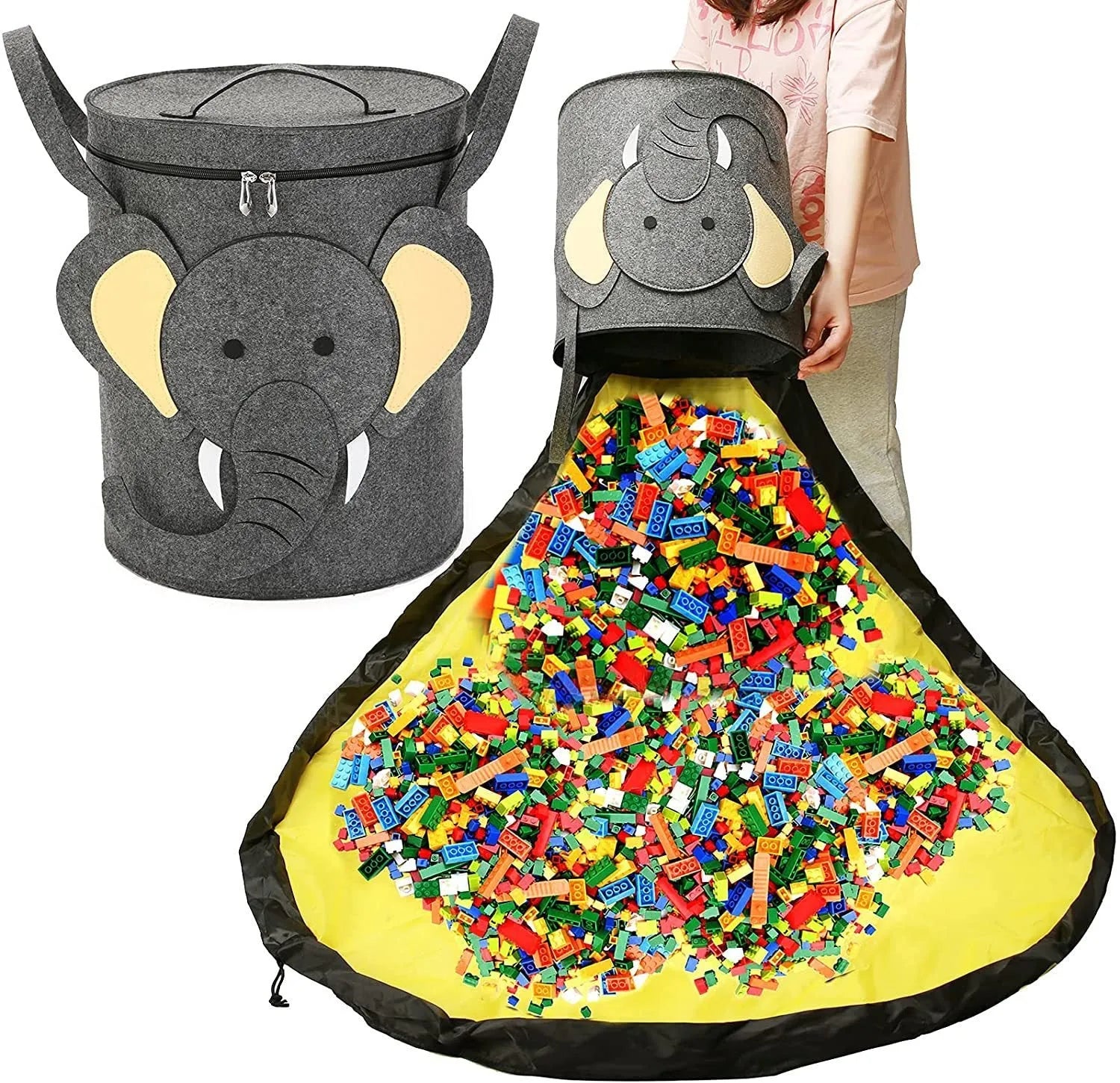 Green felt cube storage bag open as play mat with toys inside and pull rope visible