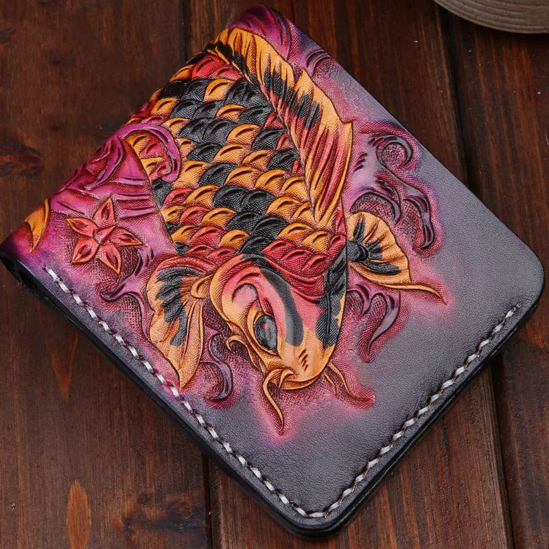 Men's handcrafted cow leather short wallet in red, blue, and gold colours showing compact size.