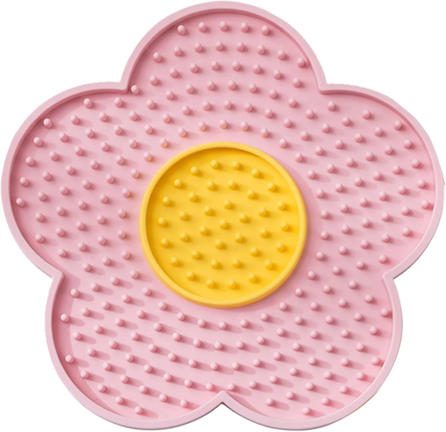 Flower-shaped silicone pet lick mat in assorted colours with suction cups on the base.