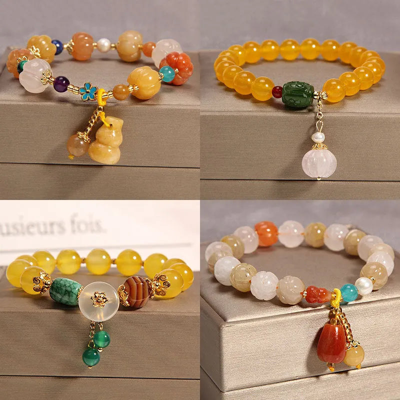 Yellow agate crystal women's bracelet with gold silk thread wrapping in khaki colour