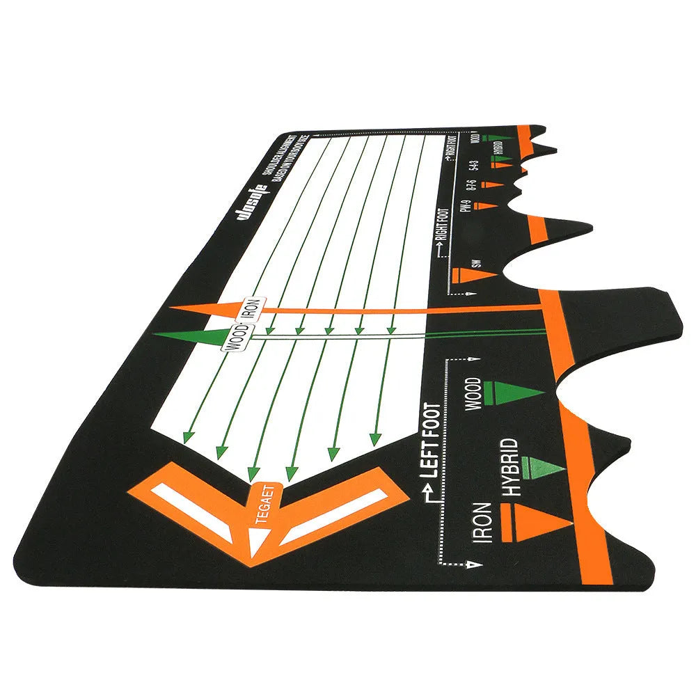 Black neoprene golf swing posture training pad on a green surface