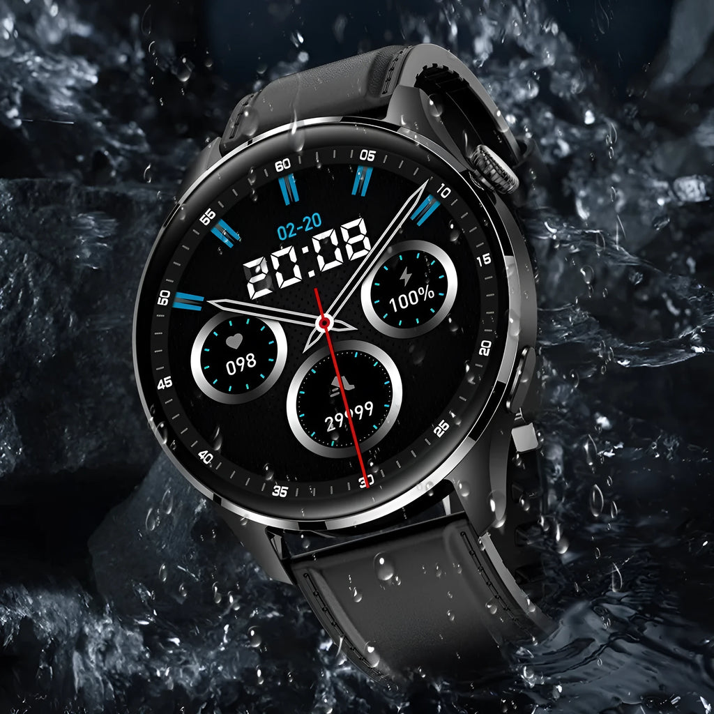 Smart watch with round IPS screen, zinc alloy case, and black silicone strap on wrist