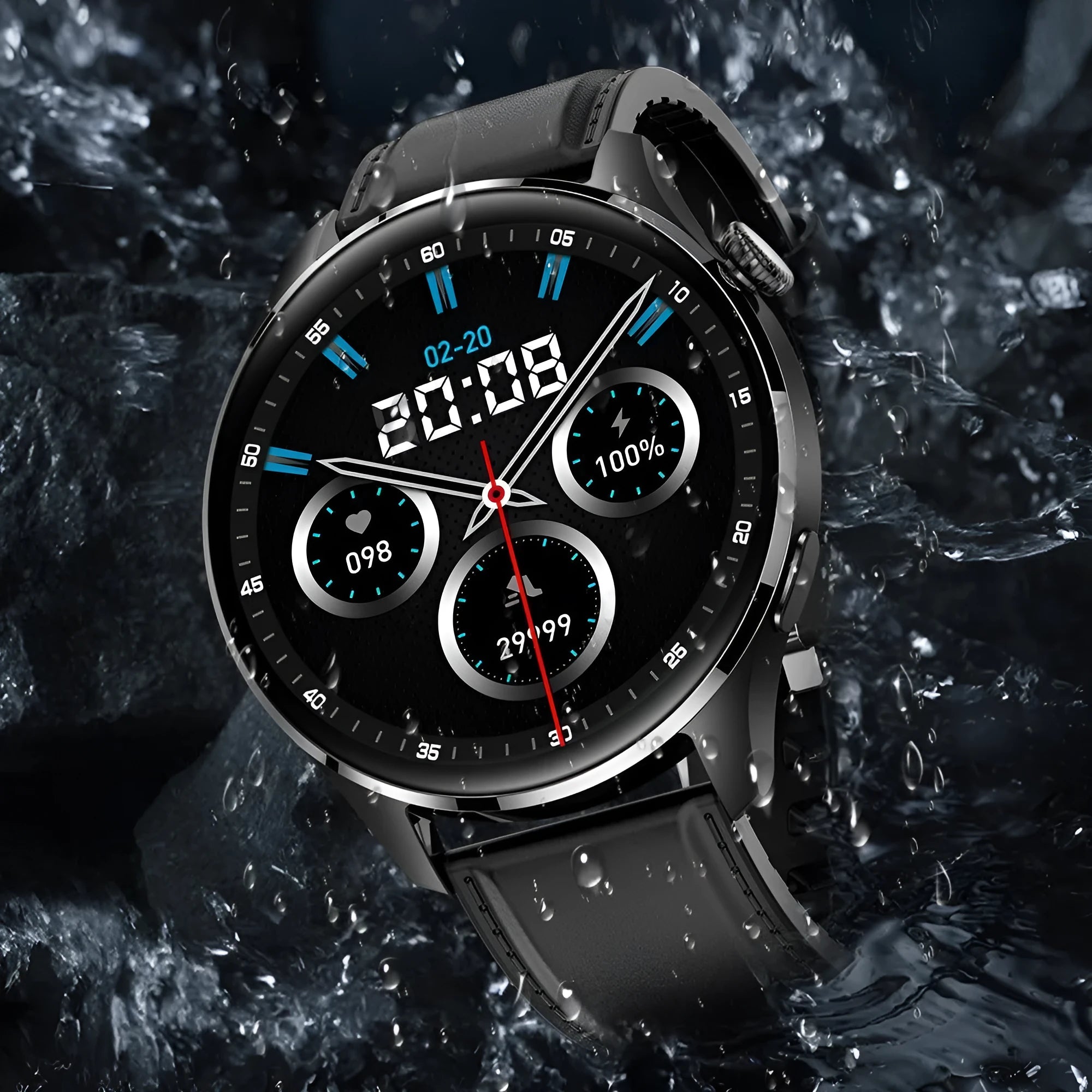 Smart watch with round IPS screen, zinc alloy case, and black silicone strap on wrist
