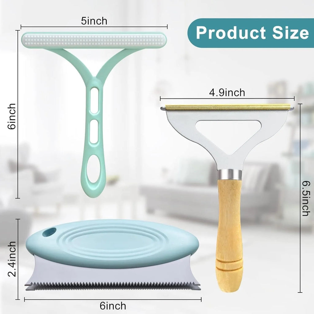 Three pet hair removal tools: a metal lint shaver, a double-row silicone brush, and a round ABS+TPR cleaner.